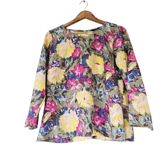 J. Crew Floral Watercolor Blouse Womens Size M 3/4 Sleeves Boho Cottage Artsy - Picture 1 of 8